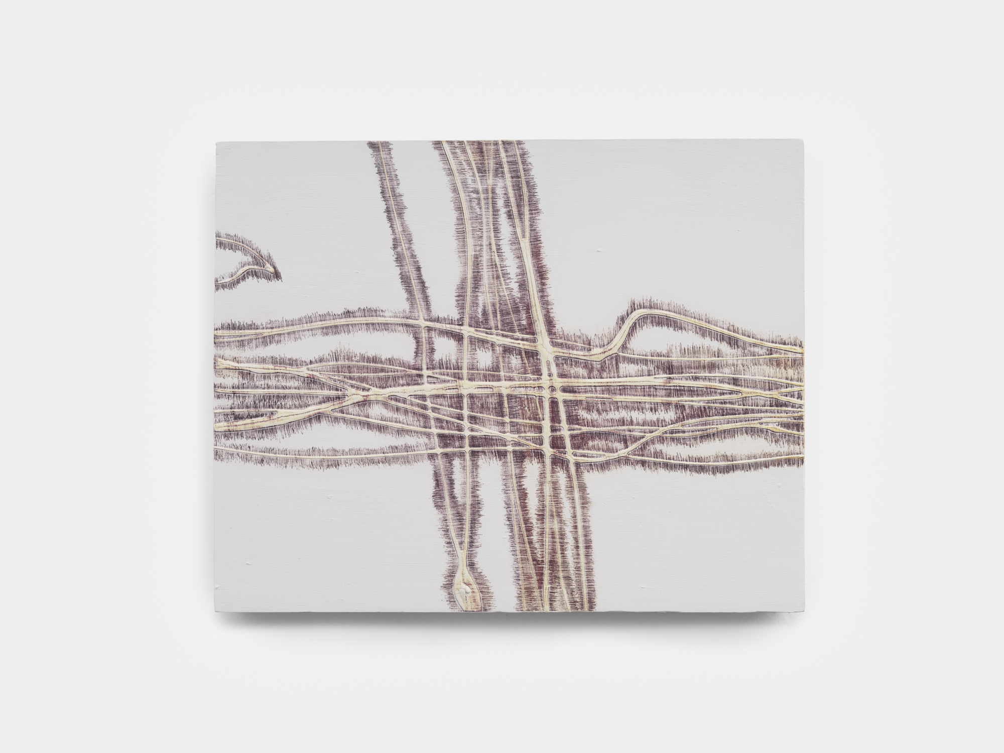 <i>Re-trace</i>, 2024. Acrylic, ballpen on wood panel, 12 5/8 x 15 3/4 x 2 in. (32 x 40 x 5 cm)
